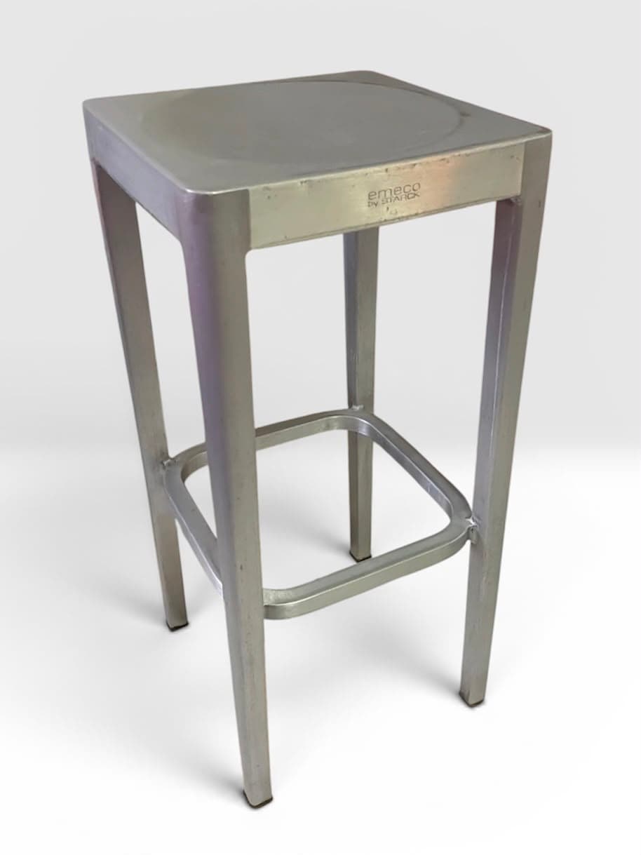 Brushed aluminium bar stool, stamped Emeco by Starck, three-quarter view